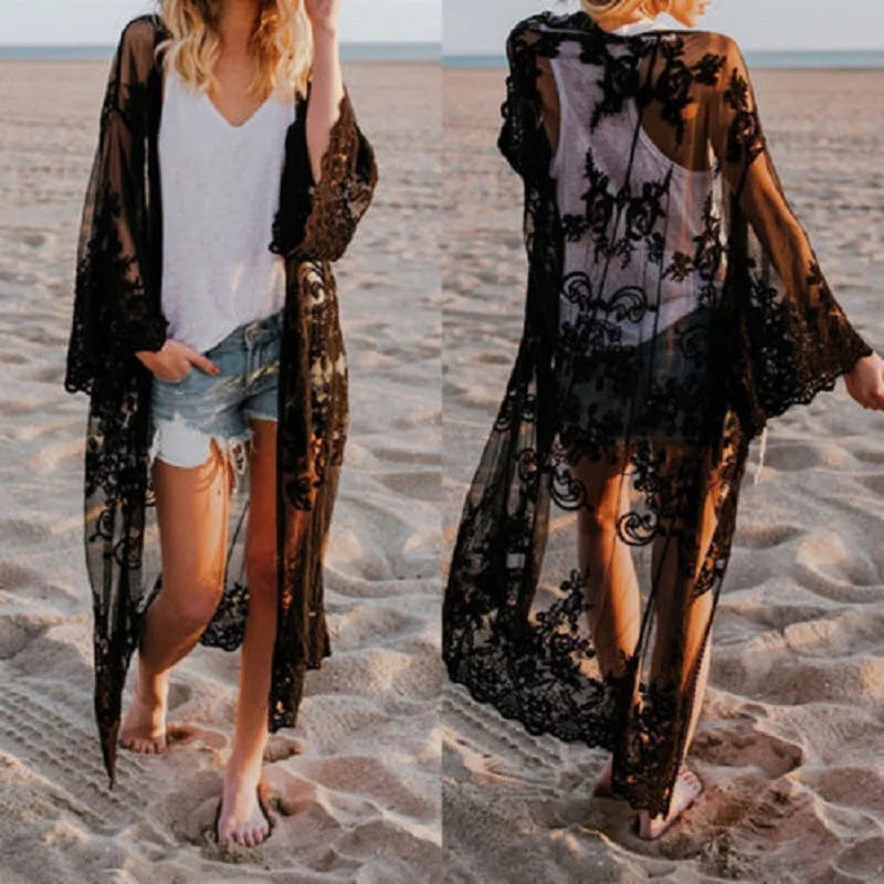 Women Chiffon Kimono Lace Loose Cardigan Bikini Cover Up Wrap Beachwear Beach Dress Beach Cover Up Pareo Robe De Plage