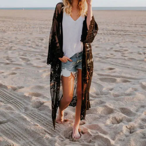 Women Chiffon Kimono Lace Loose Cardigan Bikini Cover Up Wrap Beachwear Beach Dress Beach Cover Up Pareo Robe De Plage